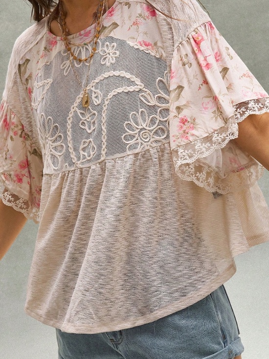Tops - Boho Floral Print Lace Short Sleeve Oversized Blouse